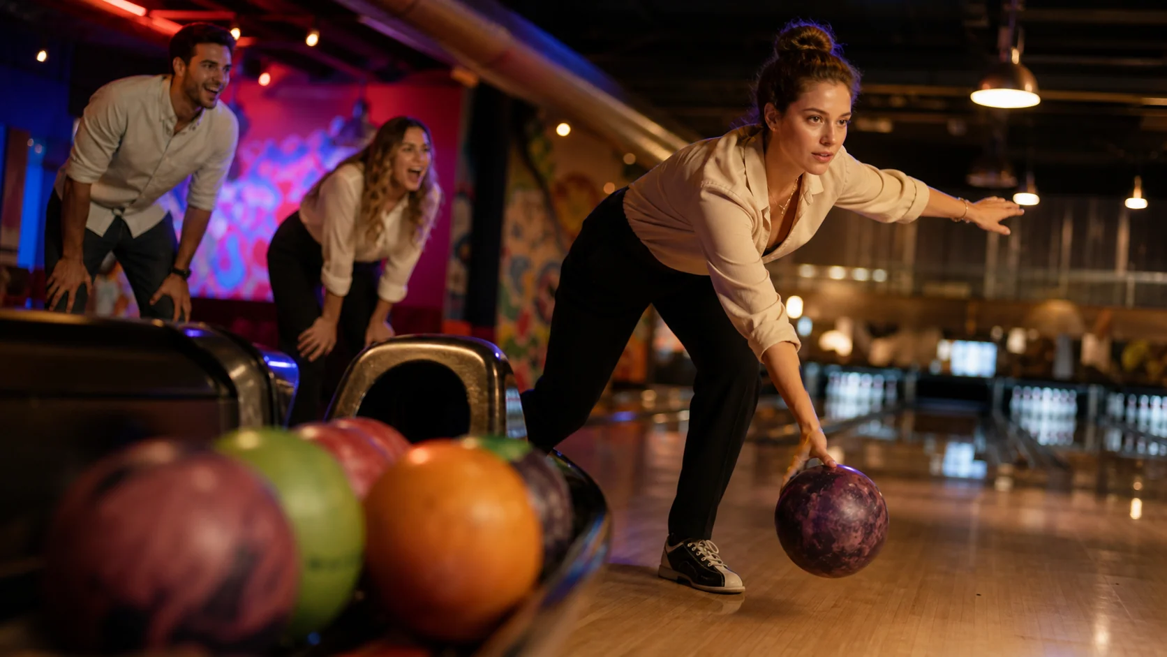 Bowlerin beim Wurf auf einer Bahn im Boxenstop Langenthal