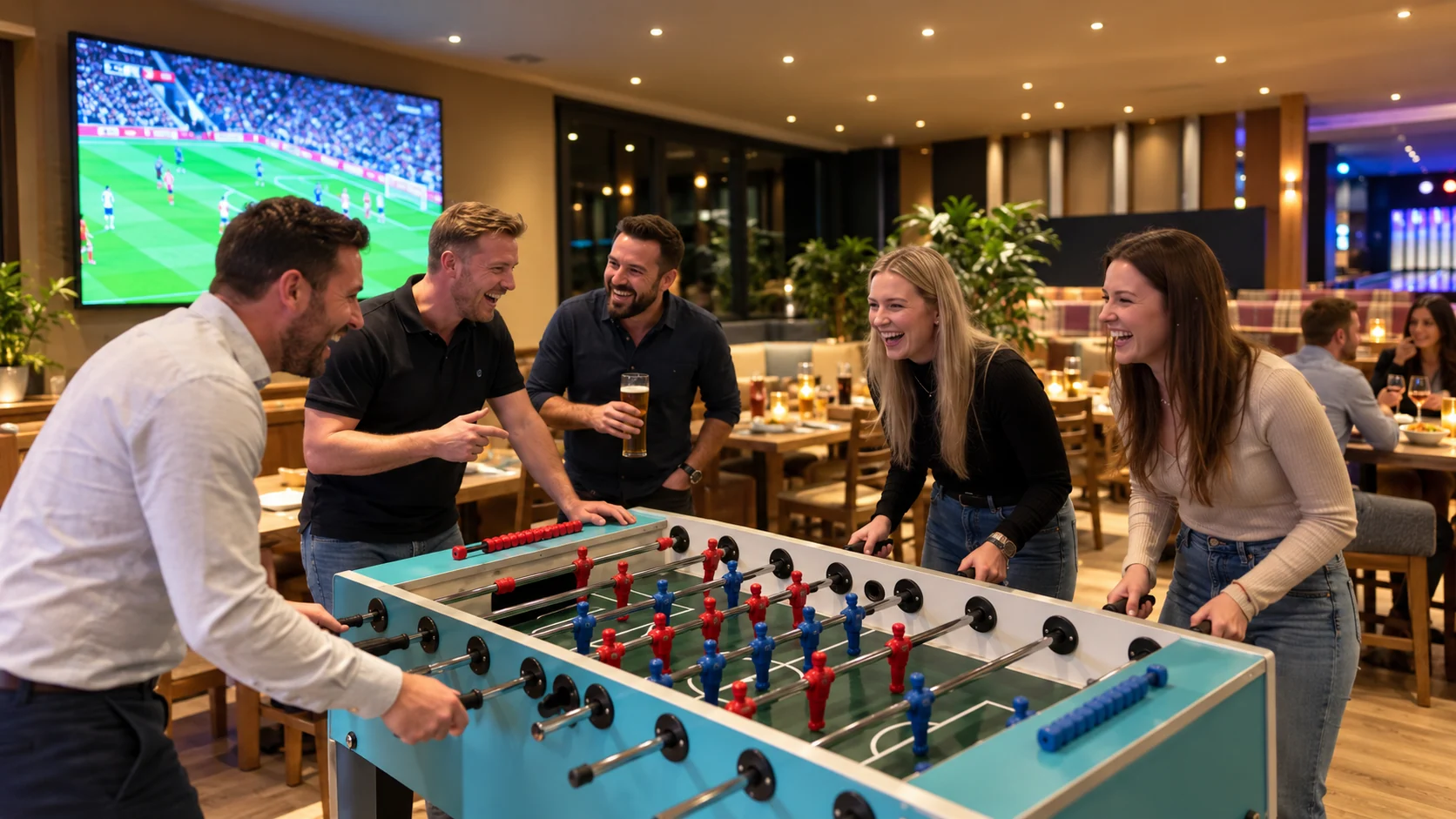 Gruppe beim Tischfussball im Boxenstop Langenthal